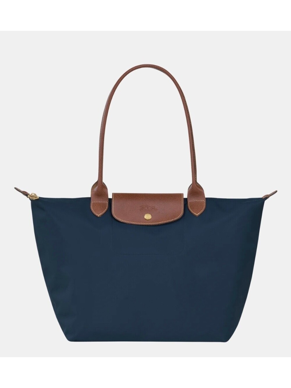 Longchamp Le Pliage Medium Navy Blue Tote Bag with Brown Leather Handles
